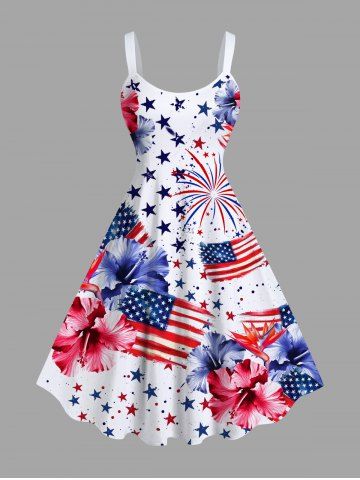 Plus Size Patriotic American Flag Fireworks Hibiscus Floral Print Hawaii A Line Tank Dress - WHITE - 3X