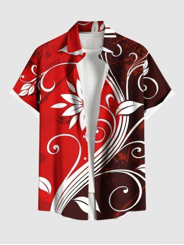 Plus Size Curve Floral Print Hawaii Button Pocket Shirt For Men - RED - S