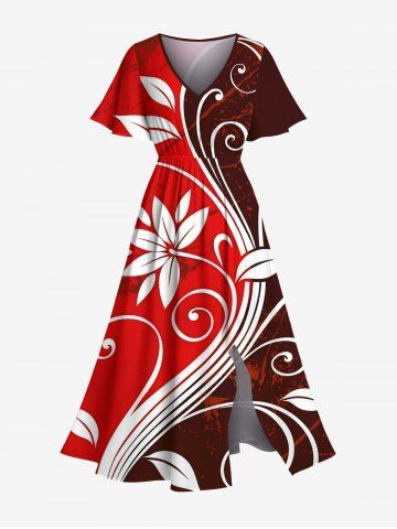 Plus Size Curve Flower Print Hawaii Split Pocket A Line Midi Dress - RED - L