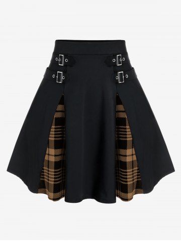 Plus Size Gothic Plaid Buckles High Waisted A Line Mini Skirt - COFFEE - 1X | US 14-16