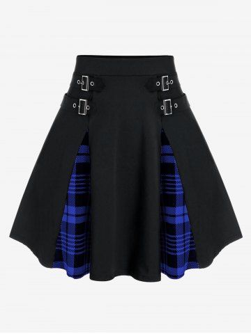 Plus Size Gothic Plaid Buckles High Waisted A Line Mini Skirt - BLUE - 5X | US 30-32