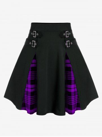 Plus Size Gothic Plaid Buckles High Waisted A Line Mini Skirt - PURPLE - 1X | US 14-16