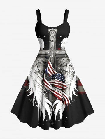 Plus Size Patriotic American Flag Feather Wing Cross Print A Line Tank Dress - BLACK - 5X