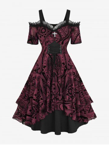Gothic Plus Size Grommets Lace Up Ruched Cross Floral Flocking Layered Ruffles Cold Shoulder A Line Tank Dress - DEEP RED - 4X | US 26-28
