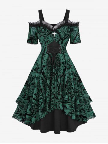 Gothic Plus Size Grommets Lace Up Ruched Cross Floral Flocking Layered Ruffles Cold Shoulder A Line Tank Dress - TURQUOISE - 5X | US 30-32
