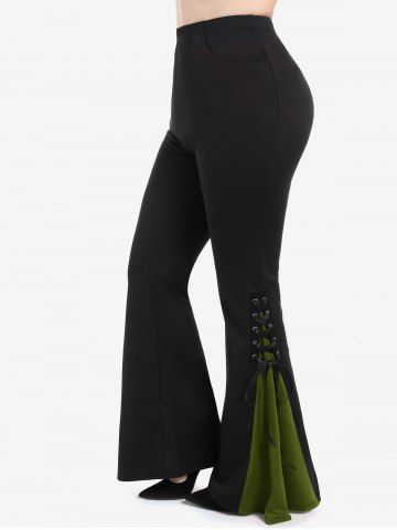 Gothic Lace Up Two Tone Godet Hem Pull On Flare Pants - GREEN - 5X | US 30-32