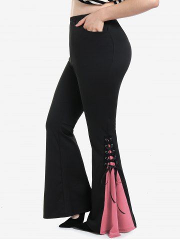 Gothic Lace Up Two Tone Godet Hem Pull On Flare Pants