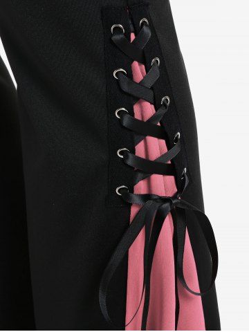 Gothic Lace Up Two Tone Godet Hem Pull On Flare Pants