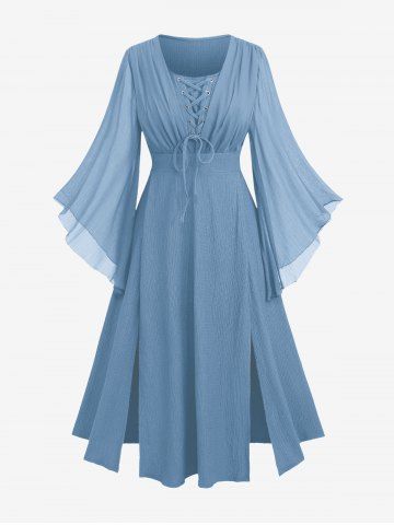 Plus Size Ruched Lace Up Mesh Bell Sleeves Textured Split Dress - SKY BLUE - 5X | US 30-32