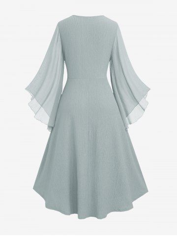 Plus Size Ruched Lace Up Mesh Bell Sleeves Textured Split Dress