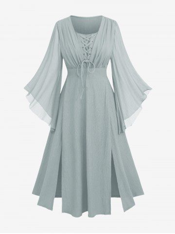 Plus Size Ruched Lace Up Mesh Bell Sleeves Textured Split Dress - GRAY - 4X | US 26-28