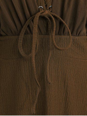 Plus Size Ruched Lace Up Mesh Bell Sleeves Textured Split Dress