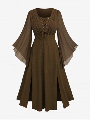 Plus Size Ruched Lace Up Mesh Bell Sleeves Textured Split Dress - DEEP COFFEE - 5X | US 30-32