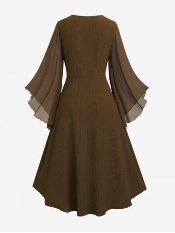 Plus Size Ruched Lace Up Mesh Bell Sleeves Textured Split Dress