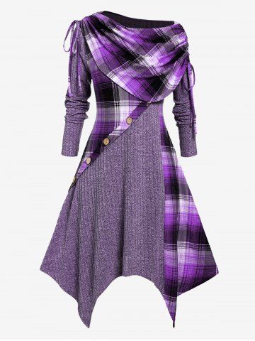 Plus Size Skew Neck Foldover Cinched Plaid Handkerchief Midi Knitted Dress - DULL PURPLE - 2X | US 18-20