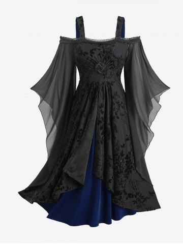 Plus Size Rose Floral Glitter Flocking Mesh Lace Trim Ruffles Tulip Hem Cold Shoulder Asymmetrical Dress - DEEP BLUE - 5X | US 30-32