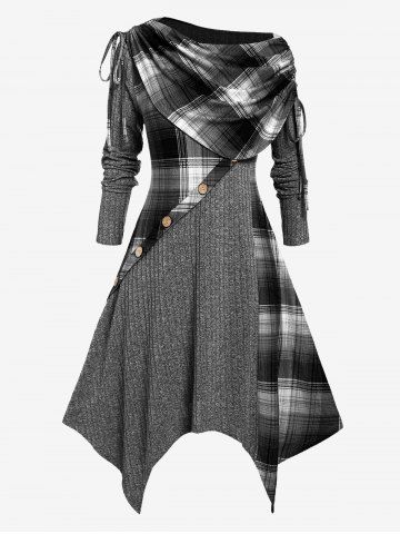 Plus Size Skew Neck Foldover Cinched Plaid Handkerchief Midi Knitted Dress - BLACK - L | US 12