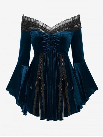 Gothic Plus Size Lace-up Cinched Ruched Lace Trim Velvet Flare Sleeves Top - DEEP GREEN - 1X | US 14-16