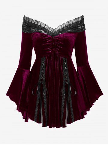 Plus Size Lace-up Cinched Ruched Lace Trim Velvet Flare Sleeves T-shirt