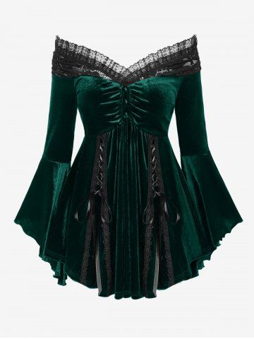 Plus Size Lace-up Cinched Ruched Lace Trim Velvet Flare Sleeves T-shirt - GREEN - 4X | US 26-28