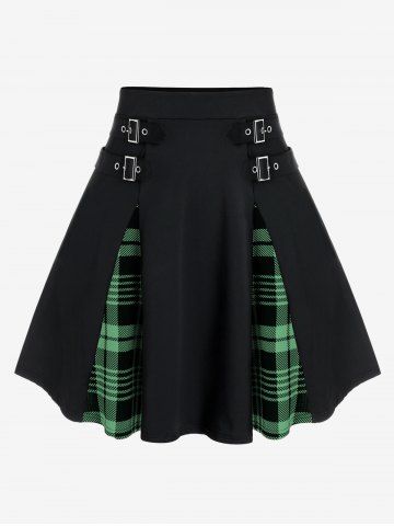Plus Size Gothic Plaid Buckles High Waisted A Line Mini Skirt - GREEN - 4X | US 26-28