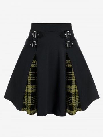 Plus Size Gothic Plaid Buckles High Waisted A Line Mini Skirt - LIGHT GREEN - 3X | US 22-24