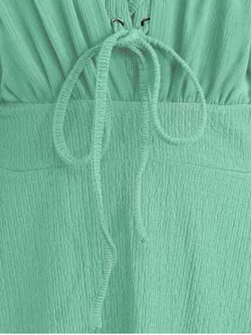 Plus Size Ruched Lace Up Mesh Bell Sleeves Textured Split Dress