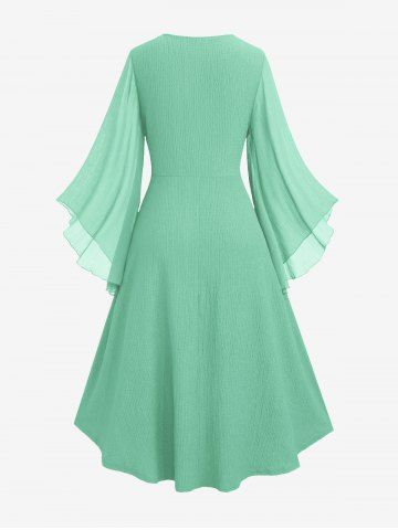 Plus Size Ruched Lace Up Mesh Bell Sleeves Textured Split Dress