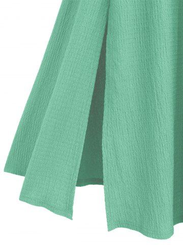 Plus Size Ruched Lace Up Mesh Bell Sleeves Textured Split Dress