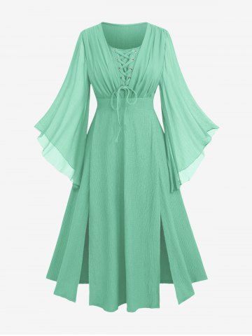Plus Size Ruched Lace Up Mesh Bell Sleeves Textured Split Dress - LIGHT GREEN - 5X | US 30-32