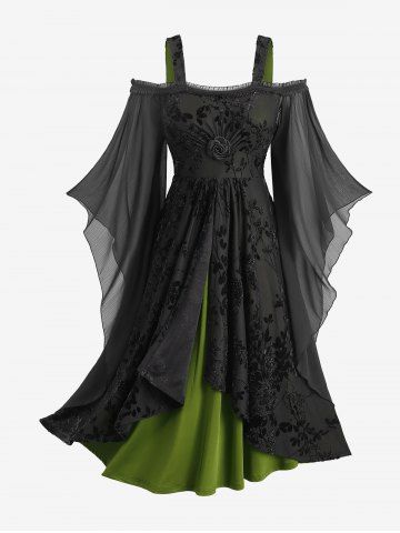 Gothic Plus Size Rose Floral Glitter Flocking Mesh Lace Trim Ruffles Tulip Hem Cold Shoulder Asymmetrical Dress - TURQUOISE - 3X | US 22-24