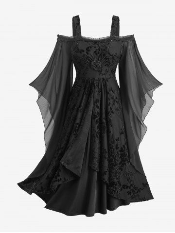 Gothic Plus Size Rose Floral Glitter Flocking Mesh Lace Trim Ruffles Tulip Hem Cold Shoulder Asymmetrical Dress - BLACK - 5X | US 30-32