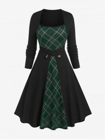 Robe trapèze en maille à carreaux côtelée à manches longues grande taille - GREEN - 4X | US 26-28