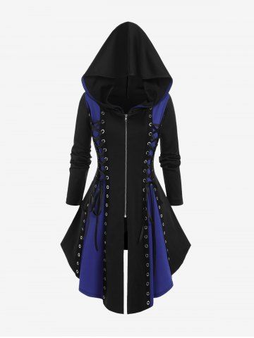 Hooded Lace Up Grommets Colorblock Gothic Coat - MIDNIGHT BLUE - L | US 12