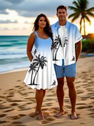 Coconut Tree Ship Bird Ombre Print Plus Size Matching Hawaii Beach Outfit For Couples -  