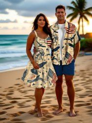 Patriotic American Flag Eagle Sculpture Distressed Newspaper Print Plus Size Matching Outfit For Couples -  