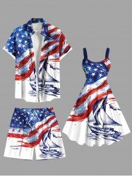 Patriotic American Flag Ship Paint Splatter Print Plus Size Matching Outfit For Couples -  