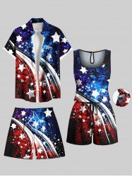Ensemble chemise et barboteuse assortis pour le jour de l'indépendance, tenue de plage grande taille, imprimé drapeau américain patriotique pour couples - Bleu 