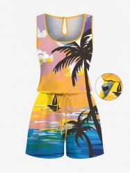 Combinaison hawaïenne cintrée grande taille à imprimé cocotier, soleil, nuage et paysage marin - Jaune XXS