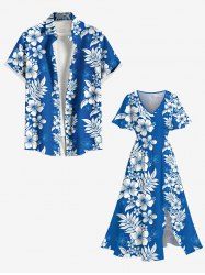 Tenue de plage hawaïenne assortie grande taille à imprimé feuilles et fleurs d'hibiscus tropical pour couples - Bleu 