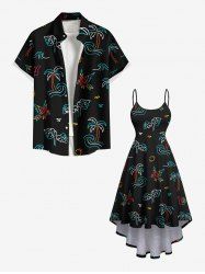 Tenue de plage hawaïenne assortie grande taille à imprimé cocotier, feuilles tropicales et oiseaux, pour couples - Noir 