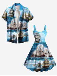 Tenue de plage hawaïenne assortie grande taille à imprimé paysage marin, nuages, navires, croisière, pour couples - Bleu Ciel 