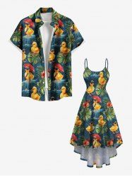 Tenue de plage hawaïenne assortie grande taille à imprimé feuilles tropicales et fleurs d'hibiscus pour couples - Vert 