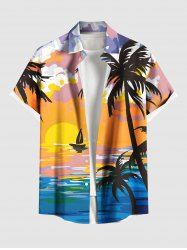 Chemise hawaïenne grande taille à imprimé cocotiers, paysage marin, soleil et nuages, boutons et poches pour homme - Jaune 3XL