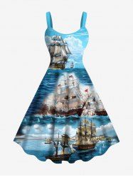 Robe débardeur hawaïenne grande taille à imprimé paysage marin, nuages, navires et croisière - Bleu Ciel XS