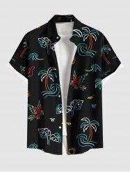 Plus Size Coconut Tree Tropical Leaf Bird Print Buttons Pocket Hawaii Shirt For Men -  