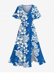 Robe mi-longue hawaïenne fendue à imprimé feuilles et fleurs d'hibiscus tropical grande taille - Bleu L