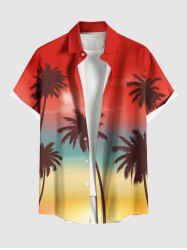 Plus Size Ombre Colorblock Coconut Tree Print Buttons Pocket Hawaii Shirt For Men -  
