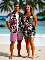 Matching Hawaii Shirt and Romper Plus Size Beach Outfit Tropical Leaf Hibiscus Flower Print For Couples -  