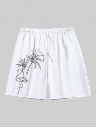 Short de plage hawaïen grande taille avec cordon de serrage et imprimé flamant rose peint à la main pour homme - Blanc 3XL